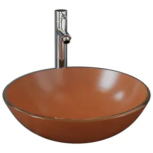 Berkfield Bathroom Sink with Tap and Push Drain Brown Tempered Glass