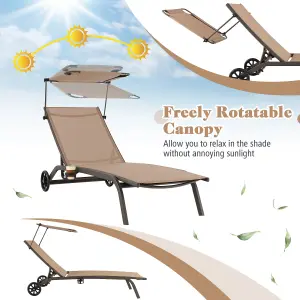 Costway Patio Chaise Lounge Chair w/6-Level Canopy & Wheels Heavy-Duty