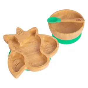 Tiny Dining - Children's Bamboo Suction Unicorn Dinner Set - Green