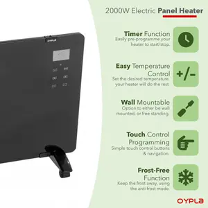 Oypla 2000W Black Glass Free Standing/Wall Mounted Electric Panel Convector Heater