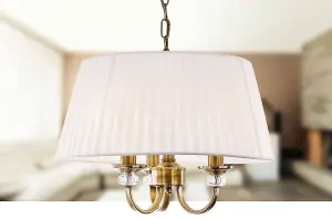 Luminosa Langham 3 Light Multi Arm Ceiling Pendant Antique Brass, Pleated Cream Shades, E14