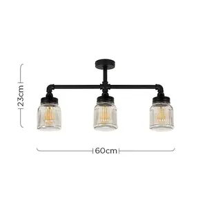 ValueLights Luiggi Satin Black 3 Way Bar Pipework Ceiling Light with Glass Ribbed Pattern Design Jar Shades with LED Bulbs