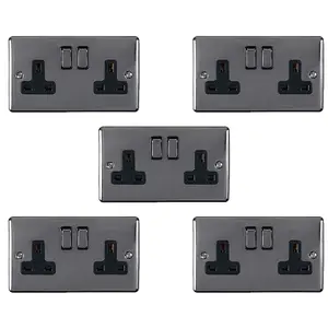 5 PACK 2 Gang Double UK Plug Socket BLACK NICKEL 13A Switched Power Outlet