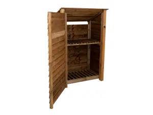 Wooden log store (roof sloping back) with door and kindling shelf W-119cm, H-180cm, D-88cm - brown finish