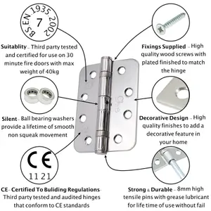 EAI - 4" Door Hinges & Screws G11 FD30/60  - 102x76x2.7mm Radius Corners - Polished Chrome