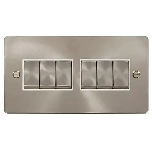 Flat Plate Satin / Brushed Chrome 10A 6 Gang 2 Way Ingot Light Switch - White Trim - SE Home