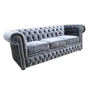 Chesterfield Crystal 3 Seater Sofa Modena Anthracite Black Velvet Fabric In Classic Style