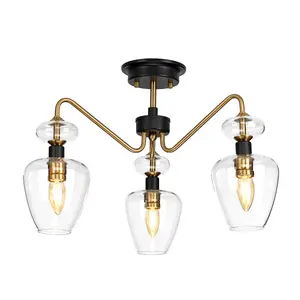 Elstead Armand 3 Light Semi Flush, Aged Brass, Glass Shade