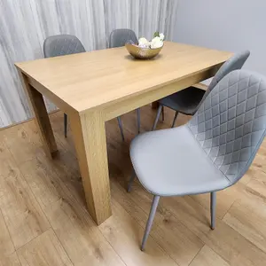 Dining Set of 4 Oak Effect Dining Table and 4 Cream Gem Patterned Stitiched Chairs