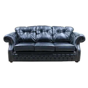 Chesterfield 3 Seater Old English Black Real Leather Sofa Bespoke In Era Style