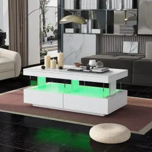 High Gloss Tea Table with 16-Color LED Lights, with 2 Drawers and Open Storage Space, White