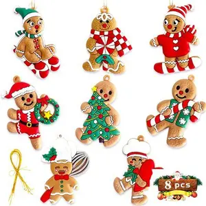 8PCS Christmas Gingerbread Ornaments, Ginger Man Clay Figurine With Strings Hanging Ornaments For Xmas Treeholiday Party Festive Season Birthday Gift