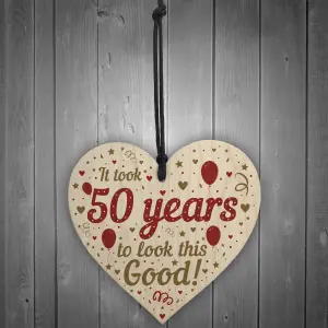 Red Ocean Funny 50th Birthday Gifts For Women Men Wooden Heart 50th Birthday Decoration Keepsake Friendship Gift