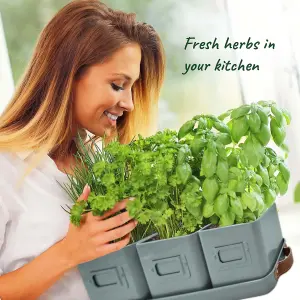 Charcoal Grey Herb Pots for Kitchen Windowsill - 2 Pack Indoor Planters with Leather Tray, Ideal for Fresh Herbs & Plants