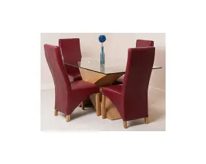 Valencia 160 cm x 90 cm Glass Dining Table and 4 Chairs Dining Set with Lola Burgundy Leather Chairs