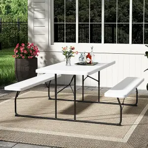 White Picnic Foldable Table Bench Set 6 Seater Camping Table Set Garden Picnic and Bench Set with Parasol Hole