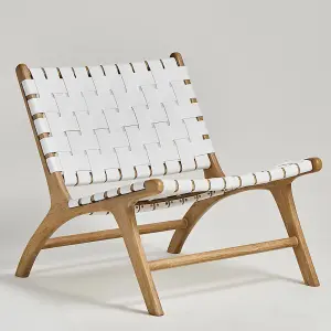 London Accent Chair White Real Leather Woven Straps Seat Nordic Style Teak Frame