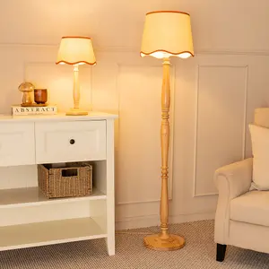 ValueLights Victoria Light Wood Candlestick Floor Lamp with Linen Scallop Rust Trim Tapered Shade