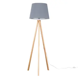 ValueLights Barbro Modern Light Wood Tripod Design Floor Lamp with Grey Tapered Shade - Includes 6w LED GLS Bulb 3000K Warm White