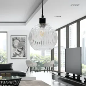 First Choice Lighting Betchley Clear Ribbed Glass Globe with Black Pendant Fitting