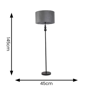 ValueLights Marissa Matt Black Stacked Ball Floor Lamp with Grey Velvet Shade