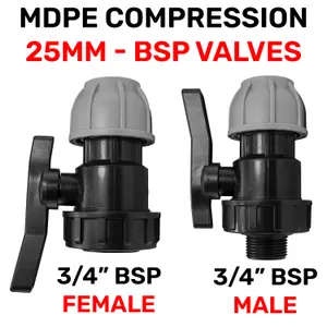 MDPE Water Pipe valves Compression-Male/Female bsp Thread (25mm Compression - 3/4" bsp Female)