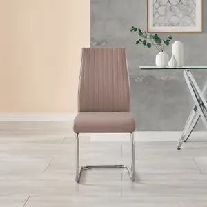 Set of 2 Lorenzo Cappuccino Beige High Back Stitched Soft Touch Faux Leather Chromed Cantilever Metal Leg Dining Chairs