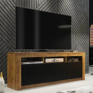 Modern TV Unit 160cm Oak with Matt Black Doors - Creative Furniture