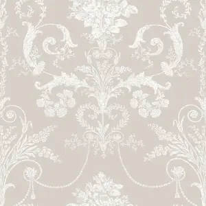 Laura Ashley Josette White & dove grey Damask Smooth Wallpaper