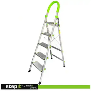 StepIt 5 Step Ladder - Portable Folding with Wide Steps, Soft Grip, Rubber Hand Grip, 150kg Capacity