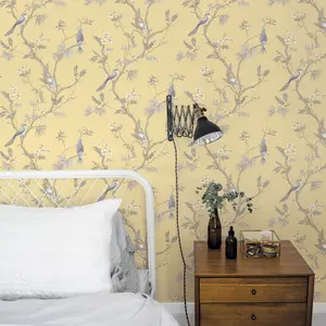 Galerie Secret Garden Yellow/Grey Garden Bird Trail Wallpaper Roll