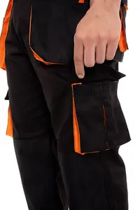 SSS Mens Work Trousers Cargo Knee Pad Pockets Workwear Pants, Black-Orange, 30in Waist-30in Leg-Small