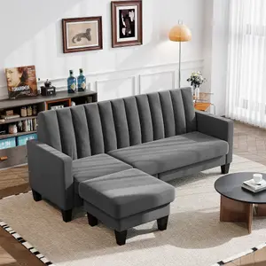 Sectional Couch Velvet L Shaped 3 Seat Grey Sofa with Chaise