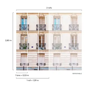 Grandeco Parisian Facade 3 panel repeatable Textured Mural, 2.8 x 1.59m