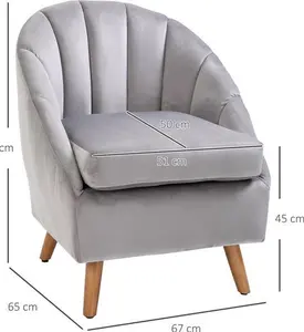 HOMCOM Accent Chair Velvet Fabric Single Sofa Armchair Home Living Room Solid Wood Leg Upholstered Side Armchair Grey