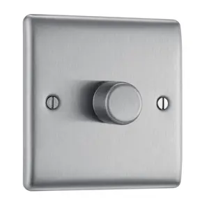 BG Raised slim Silver Steel effect 1 gang profile Single 200W Dimmer switch