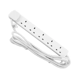 KAV 6 Gang Lead 2 Metre Length - White Extension Pin Plug and Cable - 1 Pack