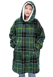 Blanket Hoodie Tartan Check Oversized Wearable Teddy Fleece Hooded Blanket