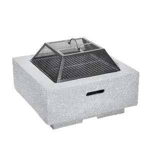 64cm Light Grey Square Fire Pit with BBQ Grill - Perfect Garden Heater for Parties