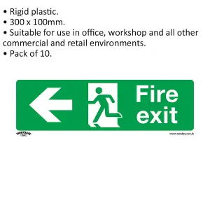 10 Pack of Rigid Plastic Fire Exit Left Signs - 300 x 100mm Safety Warning