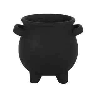 Black Terracotta Cauldron Design Plant Pot for Small Plants. Pentagram Emblem. (Dia) 11.5 cm