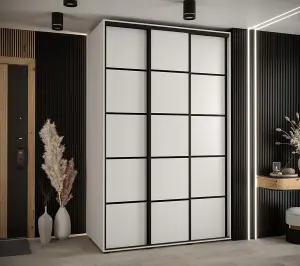 Cannes IV Modern White Sliding Door Wardrobe 1600mm H2050mm D600mm with Black Steel Handles and Decorative Strips