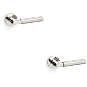 2 PACK - SOLID BRASS Knurled Door Handle Set - Polished Nickel Angled Lever on Round Rose