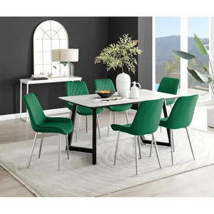 Industrial Design White & Grey Marble Effect Melamine Dining Table Set with 6 Luxury Velvet Chairs Green/Silver