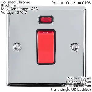 45A DP Oven Switch & Neon Light CHROME & Black Trim Appliance Red Rocker