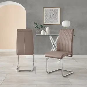 Set of 2 Lorenzo Cappuccino Beige High Back Stitched Soft Touch Faux Leather Chromed Cantilever Metal Leg Dining Chairs