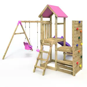 Rebo Wooden Climbing Frame with Vertical Rock Wall, Swing Set and Slide - Rainier+ Pink