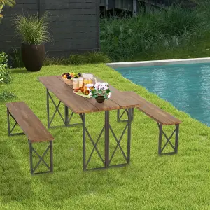 Costway 3 Pieces Outdoor Picnic Table & Bench Set Garden Wooden Dining Table w/ Umbrella Hole