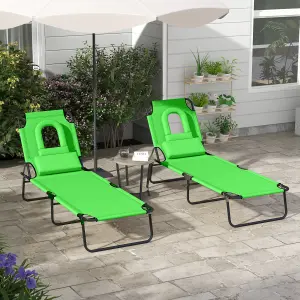 Outsunny Folding Sun Lounger Set of 2 Reclining Chair with Reading Hole Green