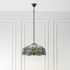 Luminosa Dragonfly Tiffany 3 Light Large Ceiling Pendant Bronze, Blue